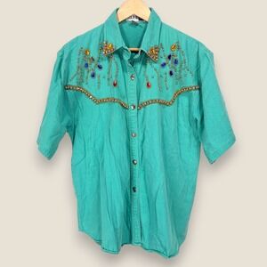 Vintage Club Z Turquoise Beaded Gem Short Sleeve Button Shirt Women Large